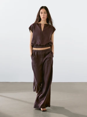 Lniane Spodnie O Prostym Kroju Z Gumką W Pasie - Bakłażanowy/Oberżynowy - - Massimo Dutti - Kobieta