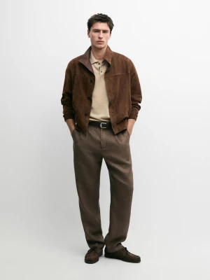 Lniane Spodnie W Jodełkę Total Look - Opalony - - Massimo Dutti - Mężczyzna