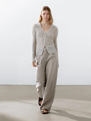 Lniane Spodnie W Prążki Z Szerokimi Nogawkami - Brudnoszary - - Massimo Dutti - Kobieta