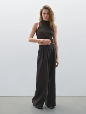 Lniane Spodnie Wide Leg Z Podwójnymi Zakładkami − Studio - Brązowy - - Massimo Dutti - Kobieta