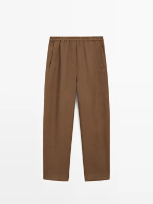 Lniane Spodnie Z Gumką W Pasie - Brązowy - - Massimo Dutti - Kobieta