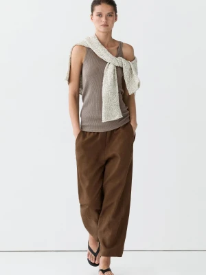 Lniane Spodnie Z Gumką W Pasie - Brązowy - - Massimo Dutti - Kobieta