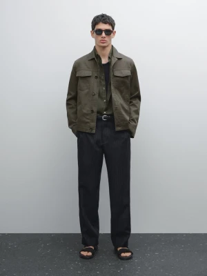 Lniano-Bawełniana Kurtka Z Kieszeniami - Ciemny Khaki - - Massimo Dutti - Mężczyzna