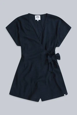 Lniany damski kombinezon kopertowy - Light Blue Animal