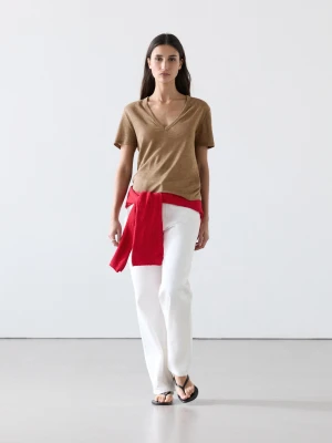 Lniany T-Shirt Z Dekoltem W Serek - Opalony - - Massimo Dutti - Kobieta