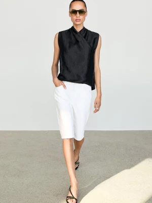Lniany Top Kopertowy Bez Rękawów - Granatowy - Massimo Dutti - Female