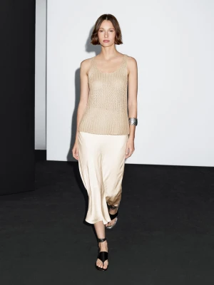 Lniany Top Z Dzianiny Z Okrągłym Dekoltem - Beżowy - - Massimo Dutti - Kobieta