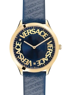 Logo Halo Skórzany Zegarek Niebieski Złoty Versace