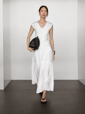 Long Combined Dress With V-Neckline - Biały - - Massimo Dutti - Female