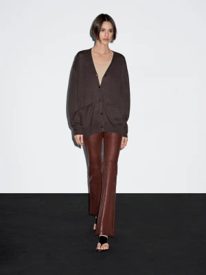 Long Knitted Linen Blend Cardigan - Czekoladowy - - Massimo Dutti - Female