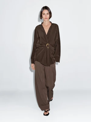 Long Shirt With Brooch Detail - Brązowy - Xs-S - Massimo Dutti - Female