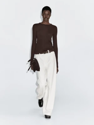 Long Sleeve Cotton Blend T-Shirt - Brązowy - - Massimo Dutti - Female