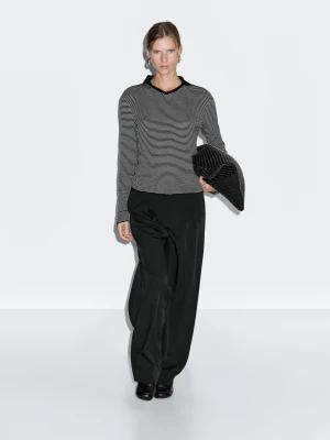 Long Sleeve Striped Polo Shirt - Czarny - - Massimo Dutti - Female