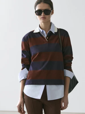 Long-Sleeved Cotton Striped Polo Shirt - Granatowy - - Massimo Dutti - Kobieta