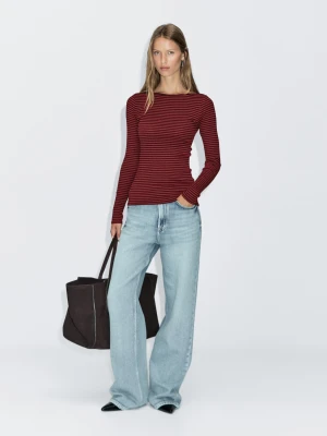 Long-Sleeved Striped T-Shirt - Czerwony - - Massimo Dutti - Female