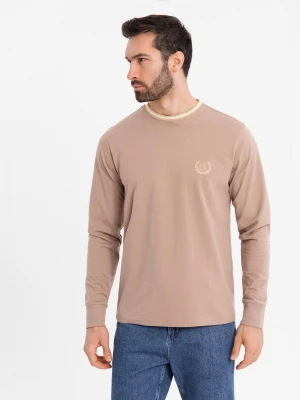 Longsleeve bawełniany męski z dekoltem U w paski i haftem – brązowy V6 - Rozmiar: XL Ombre Clothing