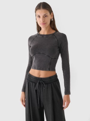 Longsleeve cropped gładki damski - czarny 4F