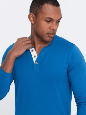 Longsleeve męski z guzikami przy dekolcie - niebieski V2 - Rozmiar: S Ombre Clothing