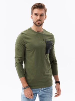 Longsleeve męski z kieszonką - oliwkowy V1 - Rozmiar: L Ombre Clothing