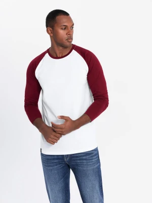 Longsleeve męski z kontrastowymi raglanowymi rękawami – biało-bordowy V2 - Rozmiar: L Ombre Clothing
