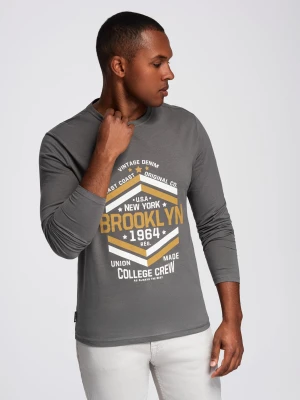 Longsleeve męski z nadrukiem w stylu collegowym - szary V1 - Rozmiar: M Ombre Clothing