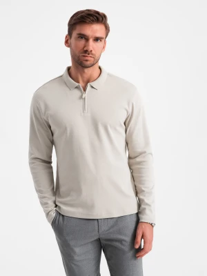 Longsleeve męski z zapinanym na zamek kołnierzykiem polo – popielaty V2 - Rozmiar: XL Ombre Clothing