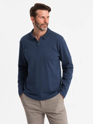 Longsleeve polo męski z zapinanym na zamek kołnierzykiem – granatowy V7 - Rozmiar: S Ombre Clothing