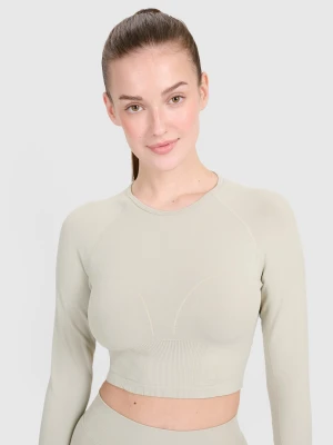 Longsleeve treningowy crop-top z wycięciem na plecach damski - beżowy 4F