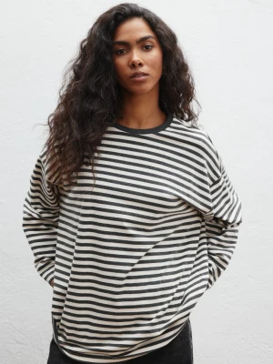 Longsleeve typu oversize w paski BEŻOWO GRAFITOWE - LOWEN-S/M Marsala