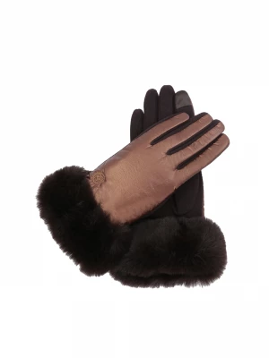 Luksusowe ciemnobrązowe rękawiczki damskie wykończone futerkiem syntetycznym Kazar