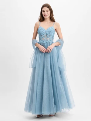 Luxuar Fashion Damska sukienka wieczorowa z etolą Kobiety Koronka niebieski jednolity,