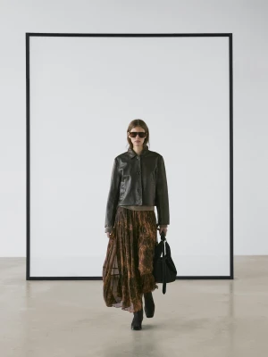 Luźna Asymetryczna Spódnica Średniej Długości - Ciemny Khaki - - Massimo Dutti - Kobieta