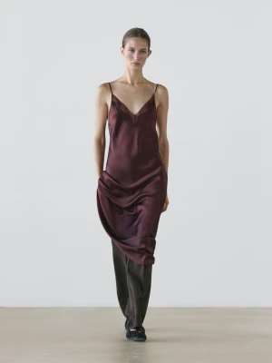 Luźna Bieliźniana Sukienka Średniej Długości - Bordowy - - Massimo Dutti - Kobieta