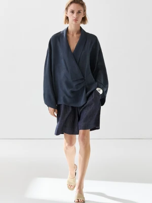 Luźna Bluzka Kopertowa Z Marszczeniem - Granatowy - Massimo Dutti - Female