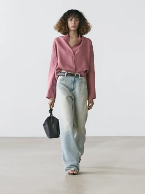 Luźna Lniana Bluzka Kopertowa - Różowy - - Massimo Dutti - Kobieta