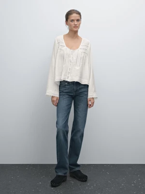 Luźna Bluzka Obszyta Koronką - Biały - - Massimo Dutti - Kobieta