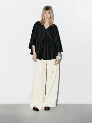 Luźna Bluzka Oversize W Stylu Peleryny Ze 100% Lnu − Studio - Czarny - - Massimo Dutti - Kobieta