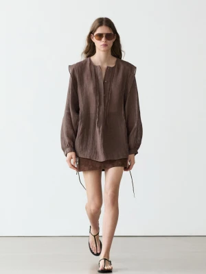 Luźna Bluzka Oversize Z Lnu Z Falbanami - Brązowy - - Massimo Dutti - Kobieta