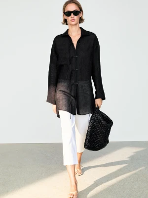 Luźna Bluzka W Paski Z Mieszanki Lnu Z Guzikami - Czarny - - Massimo Dutti - Female