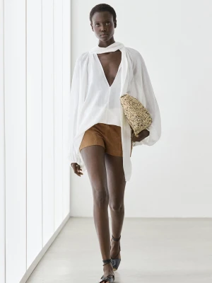Luźna Bluzka Z Dekoltem W Serek I Wiązaniem - Biały - - Massimo Dutti - Female
