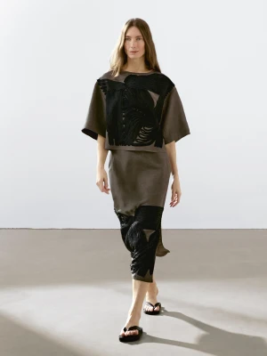 Luźna Bluzka Z Kontrastowymi Wstążkami - Khaki - - Massimo Dutti - Kobieta