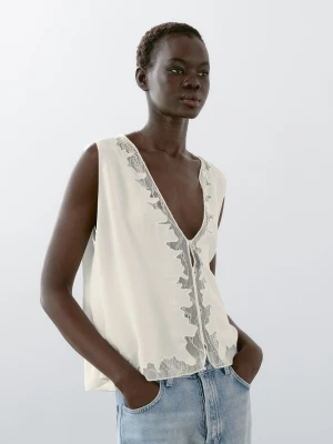 Luźna Bluzka Z Koronką - Surowy - - Massimo Dutti - Kobieta