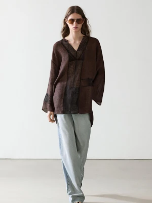 Luźna Bluzka Z Mieszanki Lnu Obszyta Koronką - Popielaty Brąz - - Massimo Dutti - Kobieta