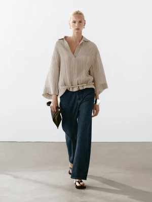 Luźna Bluzka Z Mieszanki Lnu Z Rozcięciem Na Dekolcie - Beżowy - - Massimo Dutti - Kobieta