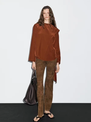 Luźna Bluzka Z Wiązaniem Na Szyi - Ognista Pomarańcza - - Massimo Dutti - Kobieta