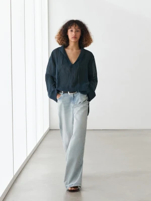 Luźna Bluzka Ze 100% Lnu Z Kołnierzykiem - Ołowiany - - Massimo Dutti - Kobieta