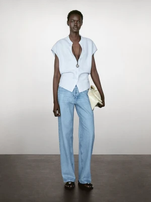 Luźna Bluzka Ze 100% Lnu Z Otwartym Dekoltem - Niebieski - - Massimo Dutti - Female