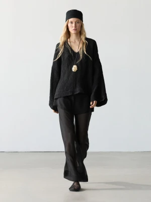 Luźna Bluzka Ze Splotem Waflowym Ze 100% Lnu - Czarny - Xs-S - Massimo Dutti - Kobieta
