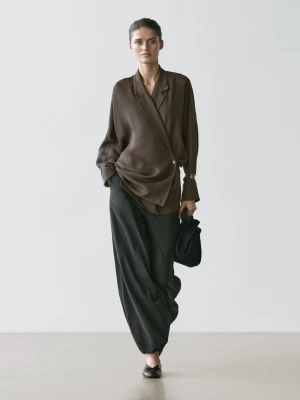 Luźna Kopertowa Koszula Wierzchnia - Szarawozielony - - Massimo Dutti - Kobieta