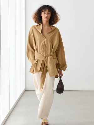 Luźna Koszula W Paski Z Detalem W Talii - Żółty Musztardowy - - Massimo Dutti - Kobieta